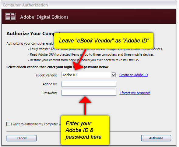 Leave ebook vendor as Adobe, and enter your Adobe ID and password